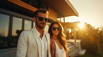 Beautiful young couple outside house at sunset photo