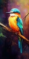 Bird on the branch in the forest on oil painting of colorful artworks photo