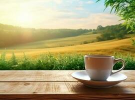 té en taza en un de madera mesa con verde campo en el antecedentes foto