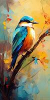 Bird on the branch in the forest on oil painting of colorful artworks photo