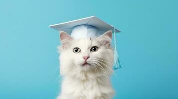 Cute red cat celebrating with graduation cap. minimalist pastel blue background. photo