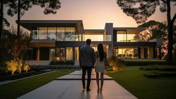 Beautiful young couple outside house at sunset photo