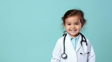 Cute child in doctor coat with stethoscope on color background photo