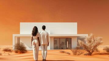 Young couple in a desert standing outside of a house photo