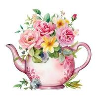 Watercolor teapot with flowers isolated photo