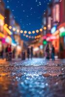 Low Level Shot of City Light Road At Night With Blurred Background photo