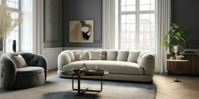ai generado. ai generativo. blanco acogedor sofá. hogar interior arquitectura interior diseño estilo vivo habitación. gráfico Arte foto
