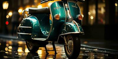 ai generado. ai generativo. Clásico retro clásico vespa scooter moto en noche italiano calle la carretera. aventuras Europa vacaciones onda. gráfico Arte foto