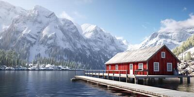 . . Red house harbor coast line dock station at scandinavian style place. Navy marine nautical adventure vibe. Graphic Art photo