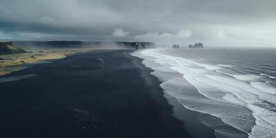 ai generado. ai generativo. Islandia aéreo aire zumbido vista. costo playa Oceano ola línea. negro arena paisaje. aventuras naturaleza viaje onda. gráfico Arte foto