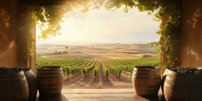 ai generado. ai generativo. Clásico viñedo vino barril industria con vino uva campo naturaleza al aire libre planta. gráfico Arte foto