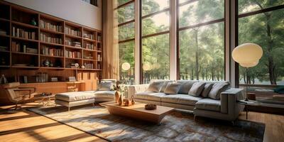 AI Generated. AI Generative. Modern luxury elegant cozy living room architecture with nice decoration and huge window. City garden view. Graphic Art photo