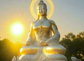 pava yin estatua al aire libre en puesta de sol antecedentes. generativo ai foto