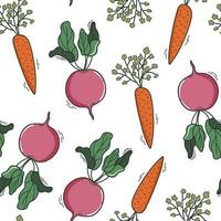 Vegetable seamless pattern. Doodle style carrot and beetroot background. Vegetarian healthy bio food, vegan organic eco products. Vector illustration.