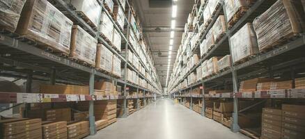 A large warehouse of furniture department stores. A warehouse where goods are stacked in record steel frames for replenishing stock of products sold to customers. photo