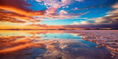 ai generado. ai generativo. bolivia sal lago. rosado nubes reflejar en agua lago superficie. aventuras viaje vacaciones al aire libre naturaleza onda. gráfico Arte foto