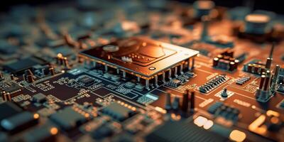 . . PC computer micro chip processor motherboard background. Digital data future background science vibe. Graphic Art photo