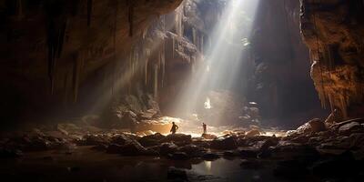 . . Under ground outdoor nature cave with light scene. Adventure explore trip vacation tour vibe. Graphic Art photo
