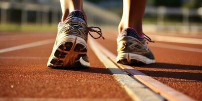 ai generado. ai generativo. deporte ajuste gimnasio inspiración motivación pista correr trotar caminando maratón distancia con piernas en superficie. gráfico Arte foto