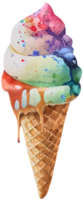 Rainbow ice cream in a waffle cone isolated in watercolor style. AI Generative png