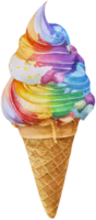 Rainbow ice cream in a waffle cone isolated in watercolor style. AI Generative png