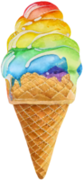 Rainbow ice cream in a waffle cone isolated in watercolor style. png