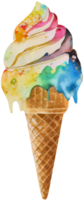 Rainbow ice cream in a waffle cone isolated in watercolor style. AI Generative png