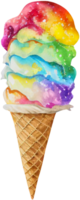 Rainbow ice cream in a waffle cone isolated in watercolor style. AI Generative png