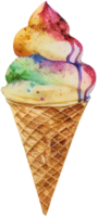 Rainbow ice cream in a waffle cone isolated in watercolor style. AI Generative png