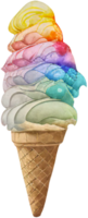 Rainbow ice cream in a waffle cone isolated in watercolor style. AI Generative png