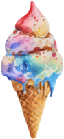 Rainbow ice cream in a waffle cone isolated in watercolor style. png