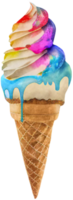 Rainbow ice cream in a waffle cone isolated in watercolor style. AI Generative png