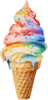 Rainbow ice cream in a waffle cone isolated in watercolor style. AI Generative png