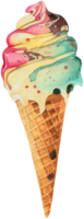 Rainbow ice cream in a waffle cone isolated in watercolor style. png