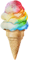 Rainbow ice cream in a waffle cone isolated in watercolor style. png