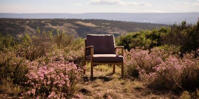 ai generado. ai generativo. acogedor de madera brazo silla acogedor en el naturaleza al aire libre salvaje campo. vacaciones relajarse onda. gráfico Arte foto