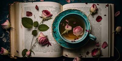 AI Generated. AI Generative. Tea cup woth roses and old book on background. Vintage retro relax drink time vibe. Graphic Art photo