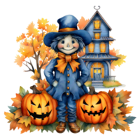 halloween grafisk ClipArt terar en Lycklig scarecrow stående i främre av ett inbjudande blå hus, omgiven förbi färgrik höst träd och vänlig pumpor. ai genererad png