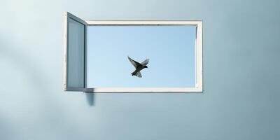 . . Wild open window with flying bird. Free freedom nature go away life vibe. Graphic Art photo