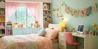 ai generado. ai generativo. adolescente Barbie hembra rosado estilo decoración diseño arquitectura dormitorio hogar departamento. gráfico Arte foto
