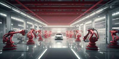 ai generado. ai generativo. automotor fábrica coche producción por robots futuro tecnología. gráfico Arte foto