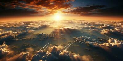 ai generado. ai generativo. aire zumbido aéreo ver Cloudscape paisaje naturaleza al aire libre mosca desde encima tierra nubes Dom rayos de sol gráfico Arte foto