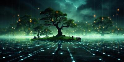 AI Generated. AI Generative. Glowing light energy forest trees at night. Nature outdoor wild landscape. Graphic Art photo