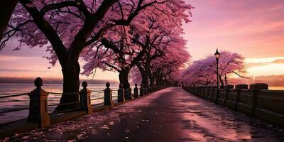 ai generado. ai generativo. hermosa japonés asiático caminar la carretera con florecer Cereza árbol planta arboles romántico calma vacaciones relajarse onda. gráfico Arte foto
