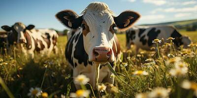 ai generado. ai generativo. vaca animal cara frontal gracioso retrato a verde campo granja. paisaje agricultura naturaleza al aire libre pueblo En Vivo estilo. gráfico Arte foto