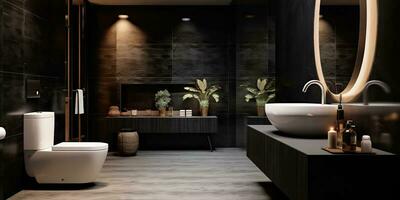 AI Generated. AI Generative. House room bathroom spa toilet indoor architexture design  with bath mirror ceramic and minimal luxury style vibe. Graphic Art photo