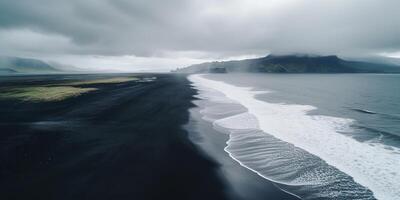 AI Generated. AI Generative. Iceland aerial air drone view. Cost beach ocean wave line. Black sand landscape. Adventure nature travel vibe. Graphic Art photo