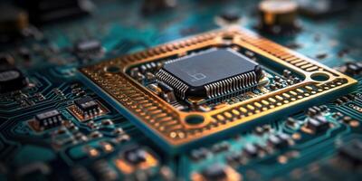. . PC computer micro chip processor motherboard background. Digital data future background science vibe. Graphic Art photo