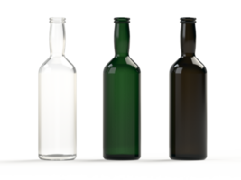 3D rendering, Empty glass bottles of green, brown, and clear bottles png