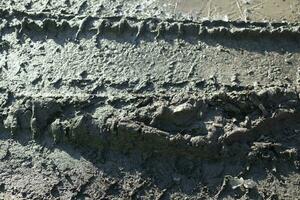 Muddy road in detail. Trail of wheels in mud. photo